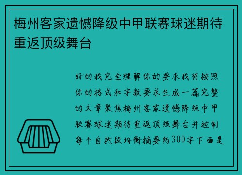 梅州客家遗憾降级中甲联赛球迷期待重返顶级舞台 梅州客家遗憾降级中甲联赛球迷期待重返顶级舞台